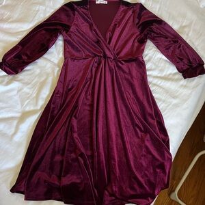Elegant Burgundy Velvet Wrap Babydoll Maternity Dress